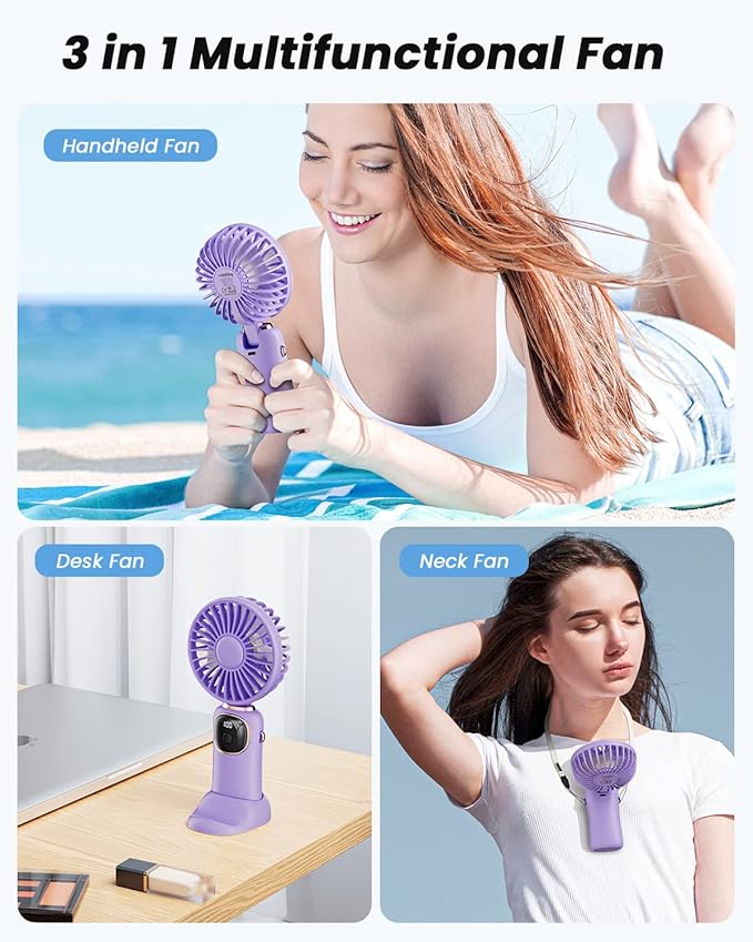 Portable Handheld Fan, 4000mAh Battery Operated 3 in 1 Multifunction Personal Travel Fan with Digital Display,