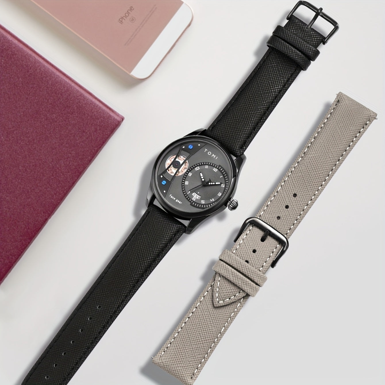 TOMI Men'S Rotating Gear Sweep Second Watch with Replaceable Strap