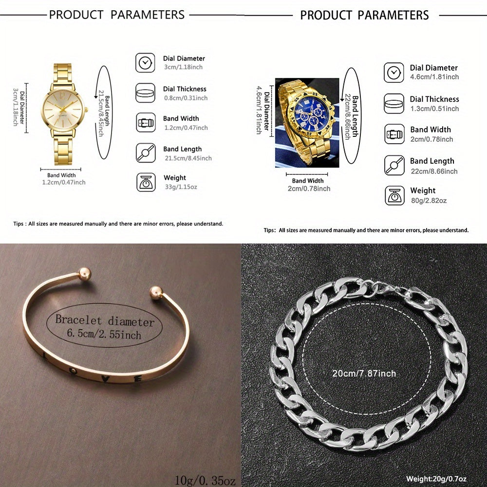 4pcs Couple Quartz Watch and Bracelet Set