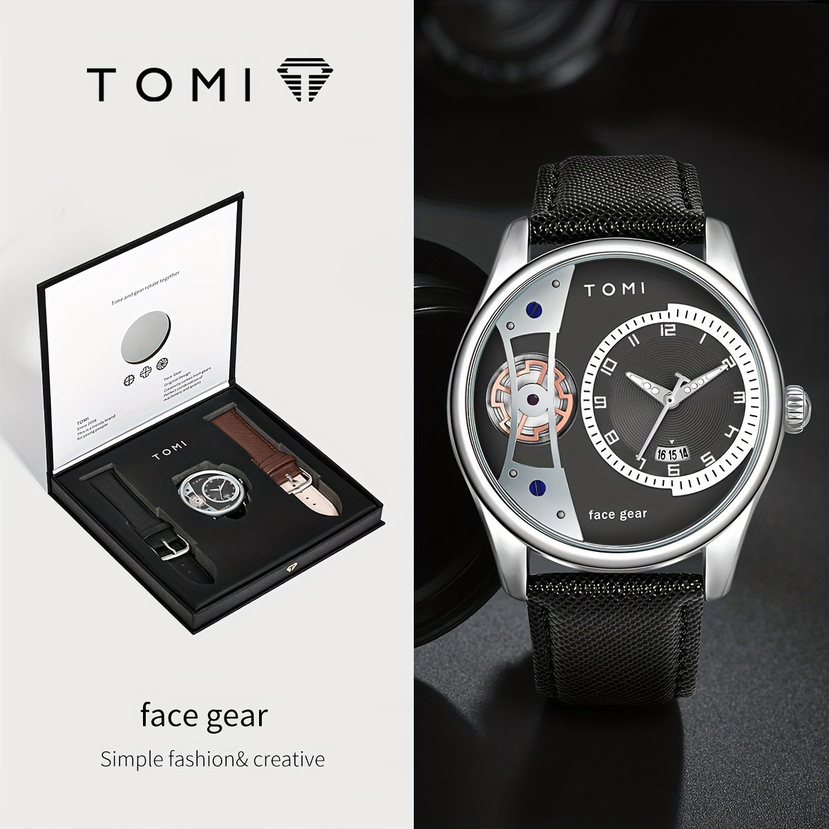 TOMI Men'S Rotating Gear Sweep Second Watch with Replaceable Strap